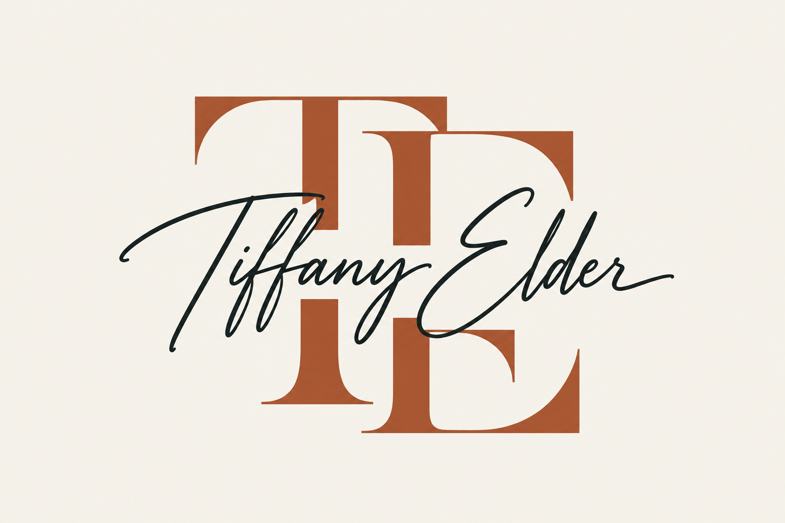 Tiffany Elder — copper TE monogram with charcoal signature